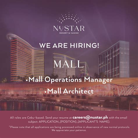 nustar cebu hiring 2023  The Mall NUSTAR (Cebu) salaries in Central Visayas; See popular questions & answers about Robinsons Land; Food Service Manager - The Mall | NUSTAR